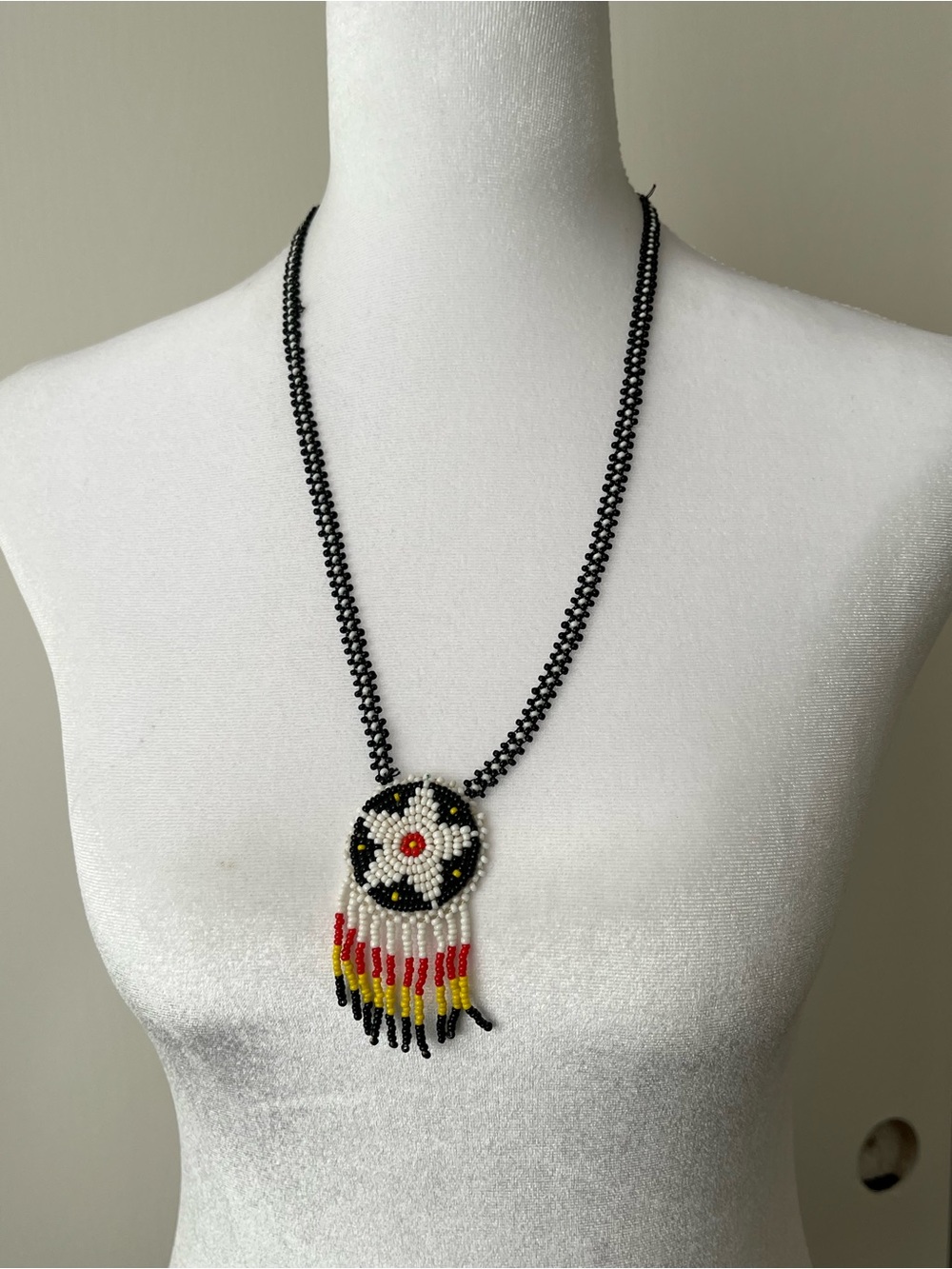 Vintage Native American Style Seed Bead Medallion Necklace Beaded Fringe
